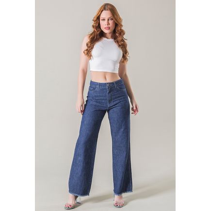 Calça jeans wide leg barra desfiada