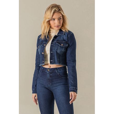 Jaqueta jeans cropped barra desfiada