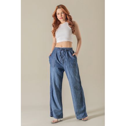 Calça pantalona jeans feminina