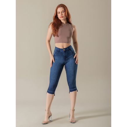 Calça capri jeans slim barra virada