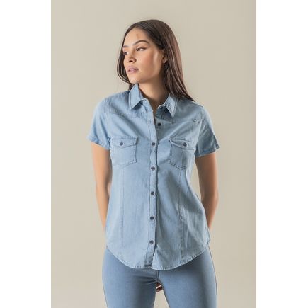 Camisa Jeans Feminina Manga Curta Delavê