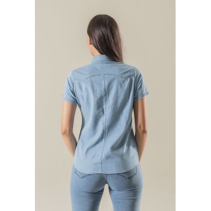 Camisa Jeans Feminina Manga Curta Delavê