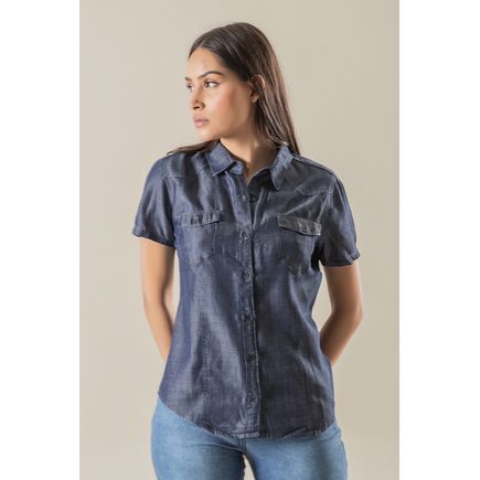 Camisa Jeans Feminina Manga Curta
