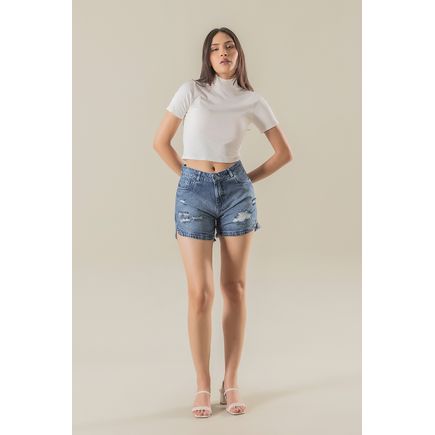 Short jeans barra desfiada feminina