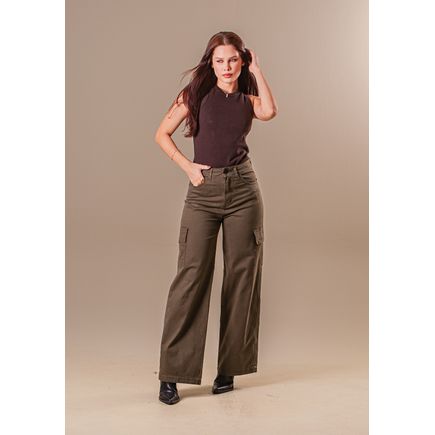 Calça Sarja Wide Leg Cargo Feminina