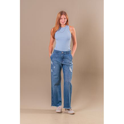 Calça Jeans Wide Leg B/ Desfiada Feminina