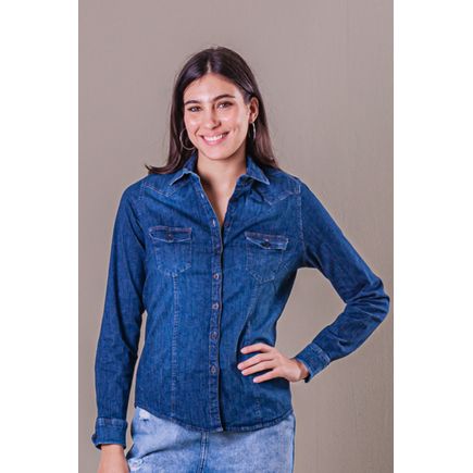 Camisa Jeans Manga Longa Feminina