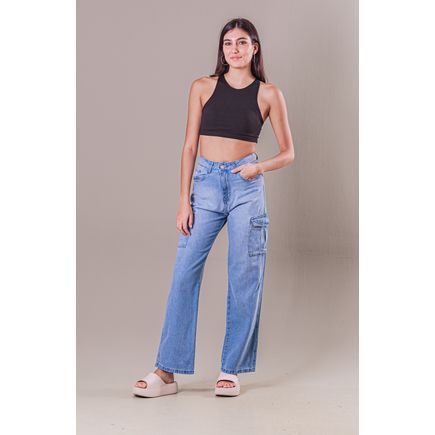Calça Jeans Wide Leg Cargo Feminina