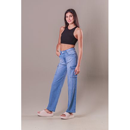 Calça Jeans Wide Leg Cargo Feminina