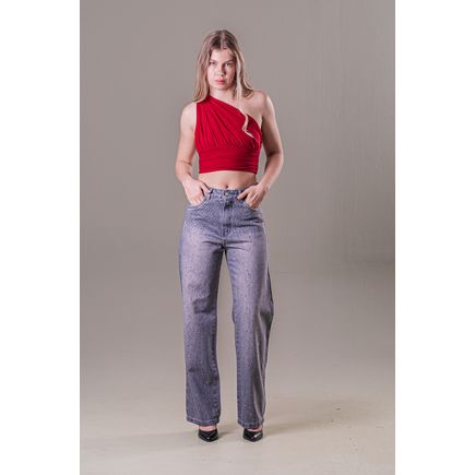 Calça Jeans Wide Leg C/ Brilho Feminina