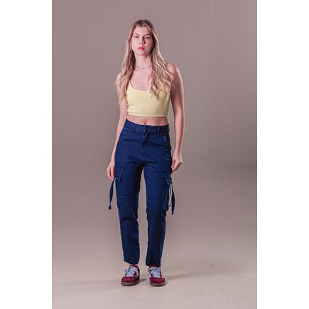 Calça Jeans Cropped Cargo Feminina