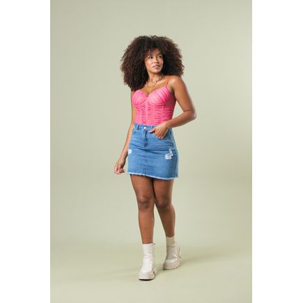 Mini Saia B/Desfiada Jeans Feminina