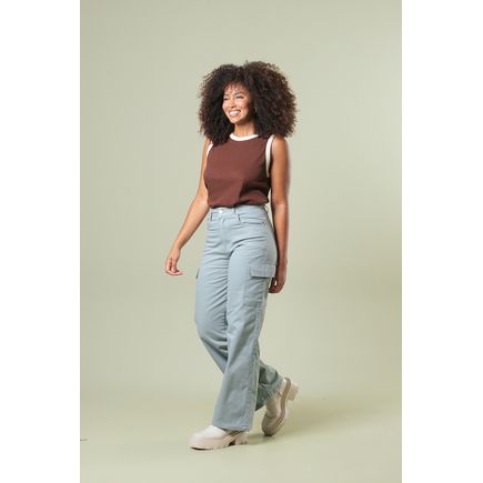 Calca Sarja Wide Leg Cargo Feminina