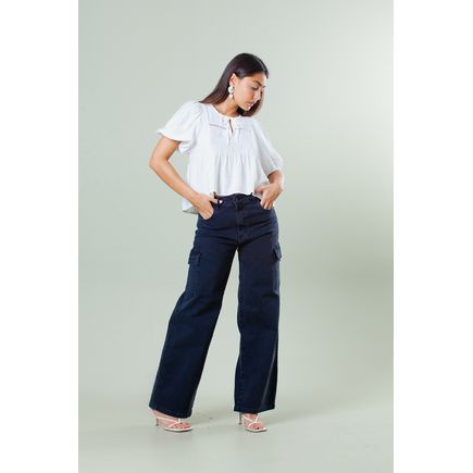 Calça Sarja Wide Leg Cargo Feminina