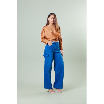 Calça Sarja Wide Leg Cargo Feminina