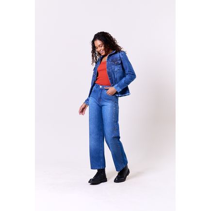 Calça Jeans Wide Leg C/Brilho Feminina