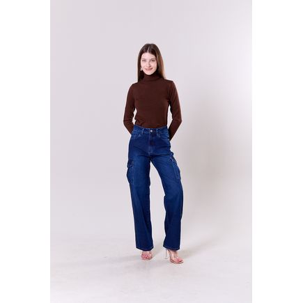 Calça Jeans Wide Leg Cargo Feminina