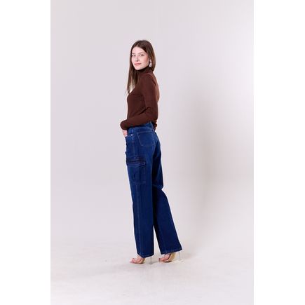 Calça Jeans Wide Leg Cargo Feminina