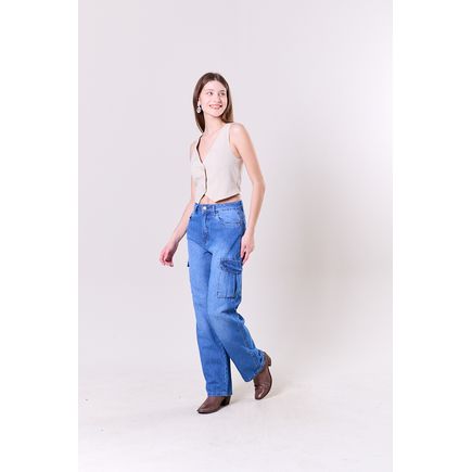 Calça Jeans Wide Leg Cargo Feminina
