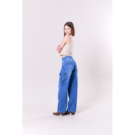 Calça Jeans Wide Leg Cargo Feminina