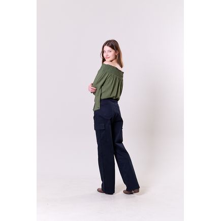 Calça Sarja Wide Leg Cargo Feminina